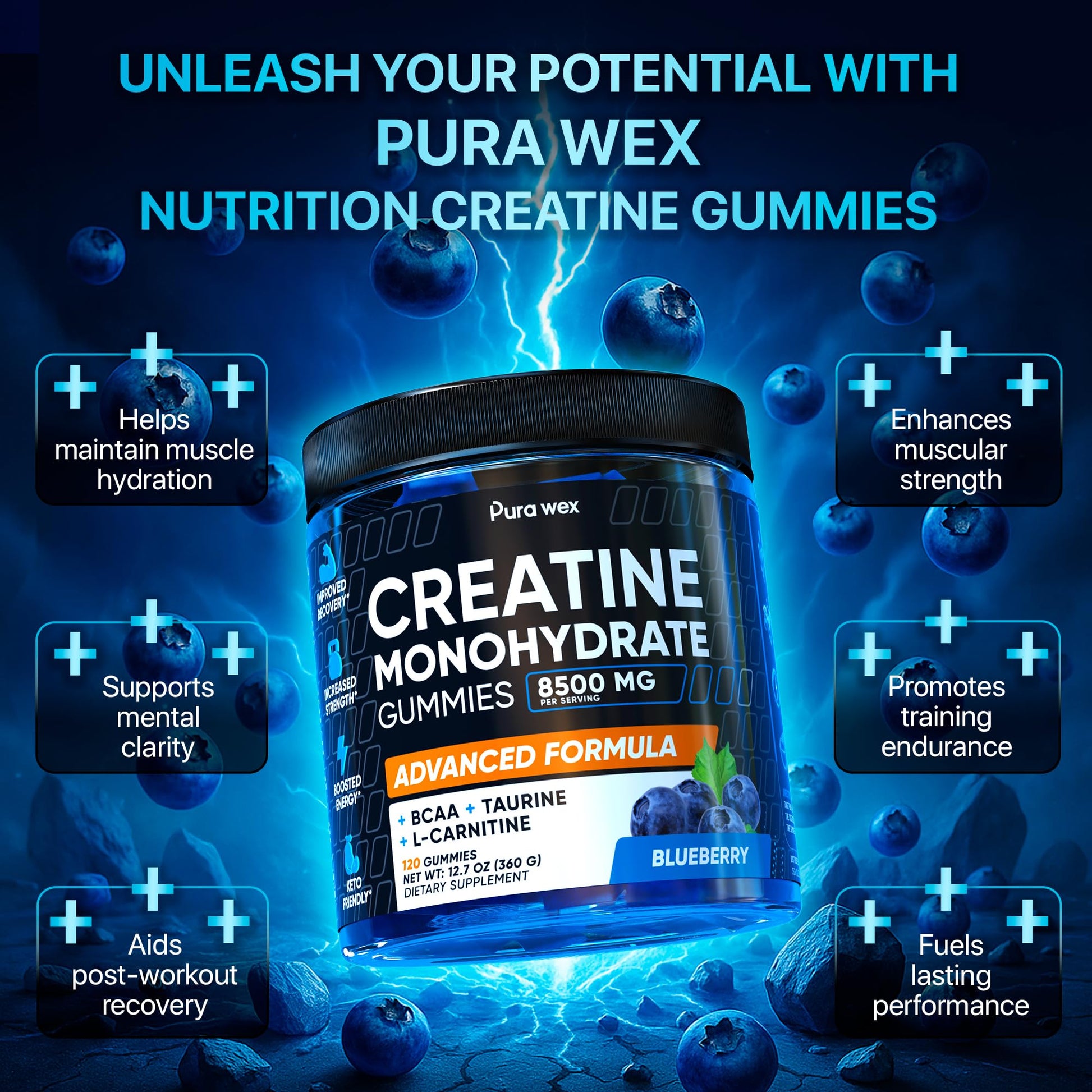 PURA WEX NUTRITION Creatine Monohydrate Gummies 8500mg Complex for Men & Women - Pre Workout Creatine Chews for Muscle Growth, Strength & Energy, - Maple Wellness Supplements