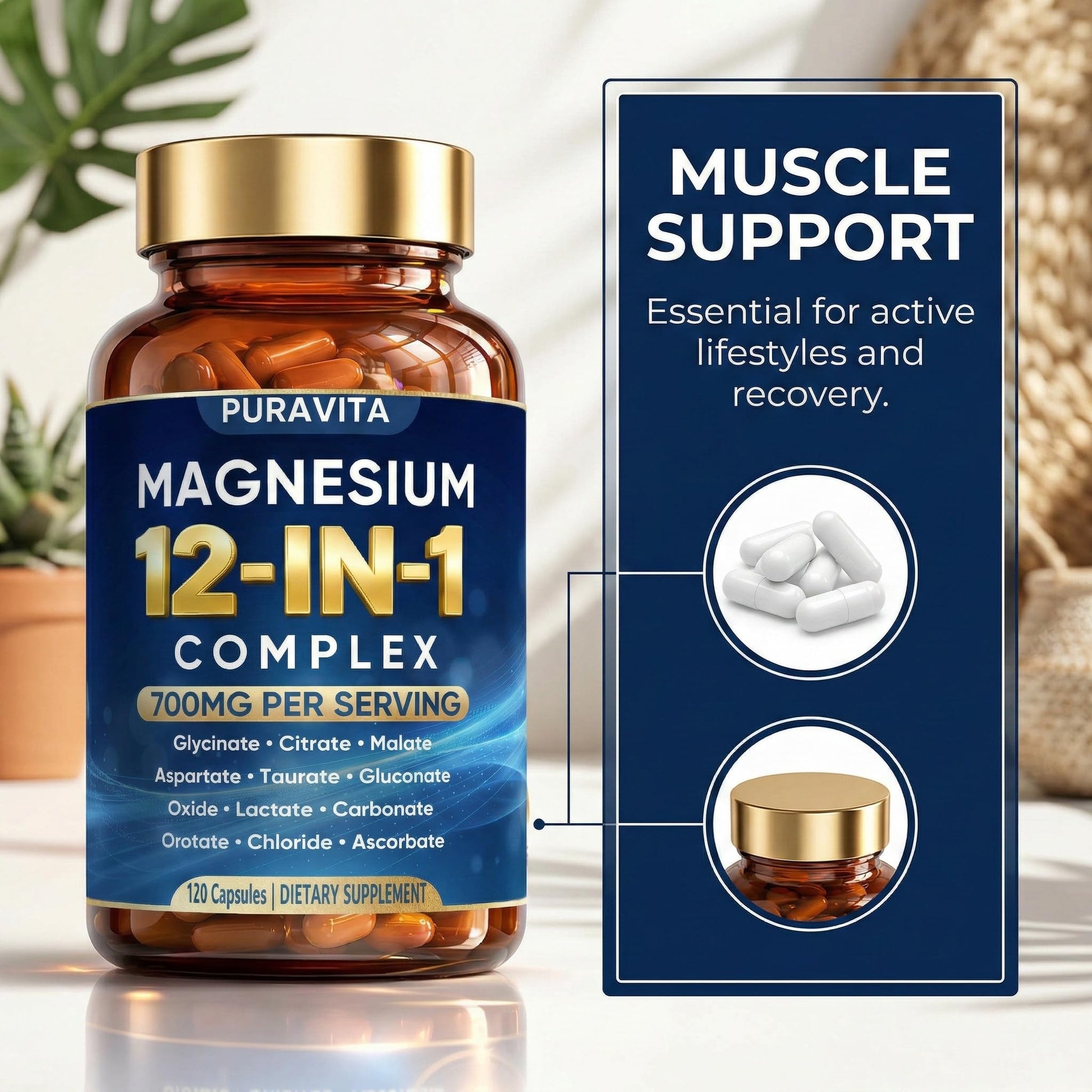 Puravita 12 in 1 Magnesium Complex Capsules - 700mg High Absorption Blend with Glycinate, Citrate, Malate, Oxide & Taurate. Supports Muscle Function, Nerve Health & Relaxation - 120 Capsules (1) - Maple Wellness Supplements