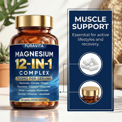 Puravita 12 in 1 Magnesium Complex Capsules - 700mg High Absorption Blend with Glycinate, Citrate, Malate, Oxide & Taurate. Supports Muscle Function, Nerve Health & Relaxation - 120 Capsules (1) - Maple Wellness Supplements