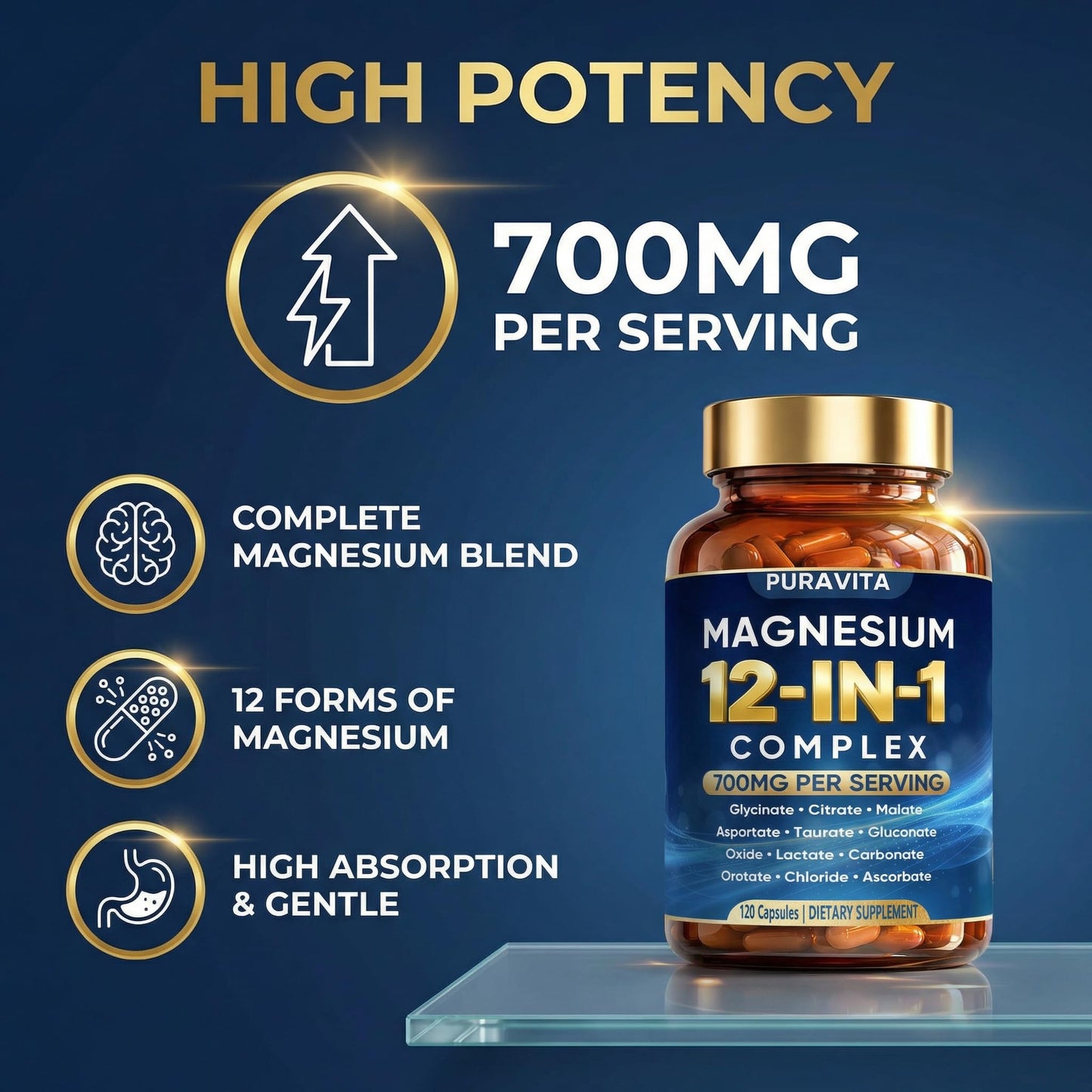 Puravita 12 in 1 Magnesium Complex Capsules - 700mg High Absorption Blend with Glycinate, Citrate, Malate, Oxide & Taurate. Supports Muscle Function, Nerve Health & Relaxation - 120 Capsules (1) - Maple Wellness Supplements