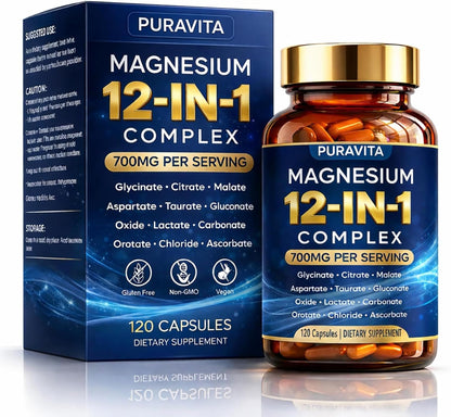 Puravita 12 in 1 Magnesium Complex Capsules - 700mg High Absorption Blend with Glycinate, Citrate, Malate, Oxide & Taurate. Supports Muscle Function, Nerve Health & Relaxation - 120 Capsules (1) - Maple Wellness Supplements