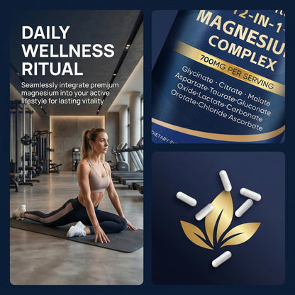 Puravita 12 in 1 Magnesium, Magnesium Complex for Women Men, 700mg High Absorption, Glycinate, Citrate, Malate, Oxide, Taurat, Relaxation & Energy Support, Vegan 120 Capsules (A) - Maple Wellness Supplements