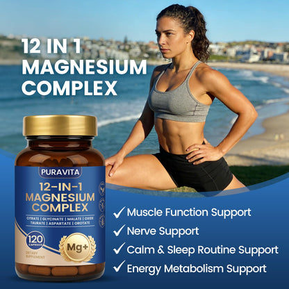 Puravita Magnesium Complex - Puravita 12 in 1 Magnesium Supplement with Glycinate, Citrate, Malate, Oxide, Taurat & More for Muscle, Nerve & Sleep Support, 120 Count - Maple Wellness Supplements
