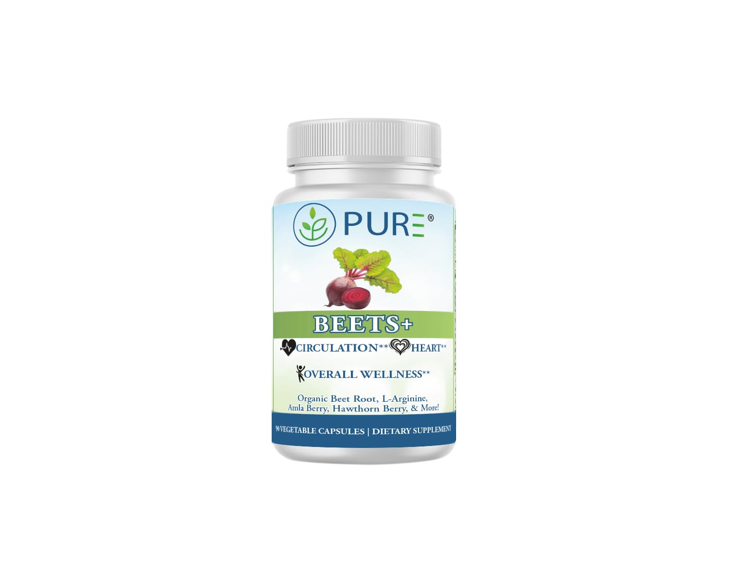 PURE® Beets+ Organic Beet Root Capsules - 900mg - 90 Count, 30 Servings - Blood Pressure & Circulation Support Supplement - with L-Arginine, Hawthorn Berry & B12 - Cardiovascular Health - Made in USA - Maple Wellness Supplements