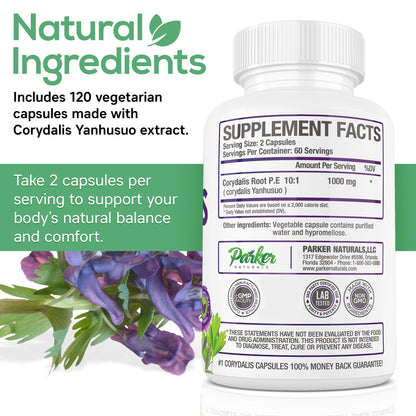 Pure Corydalis Root Extract Capsule - 1000mg Strength, 10:1 Corydalis Yanhusuo Extract, Natural Relief, Long Lasting, 100% Vegetarian, 60 Servings, 120 Count - Maple Wellness Supplements