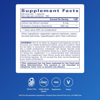 Pure Encapsulations Lithium Orotate 5 mg - Brain Support Supplement - with N-Acetyl-L-Cysteine (NAC) for Memory & Brain Behavior* - Maple Wellness Supplements