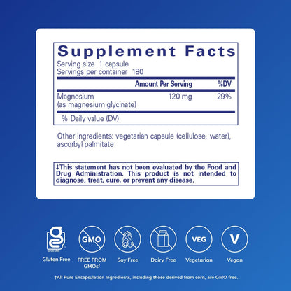 Pure Encapsulations Magnesium (Glycinate) - Supplement to Support Stress Relief, Sleep, Heart Health, Nerves, Muscles, and Metabolism* - with Magnesium Glycinate - 180 Capsules - Maple Wellness Supplements