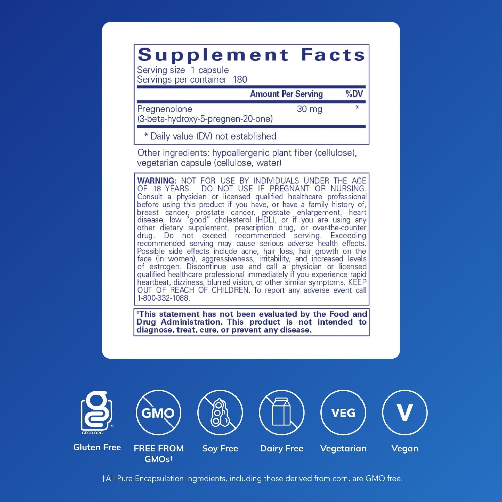 Pure Encapsulations Pregnenolone - 30 mg - Hormone Support - Memory Support - Gluten Free & Vegan - 180 Capsules - Maple Wellness Supplements