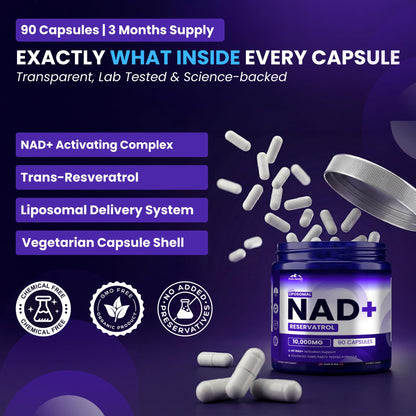 PURE HEALTH MAX PHM NAD Resveratrol Supplement - 10,000MG Extra Strength | NAD+ Liposomal Supplements for Men and Women | NMN & NMNH Alternative | 90 Capsules, 1.5 Months Supply - Maple Wellness Supplements