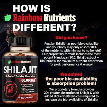 Pure Himalayan Shilajit Capsules Supplement (60,000mg+ Absorption Enhancer+50% - Maple Wellness Supplements