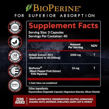 Pure Himalayan Shilajit Capsules Supplement (60,000mg+ Absorption Enhancer+50% - Maple Wellness Supplements