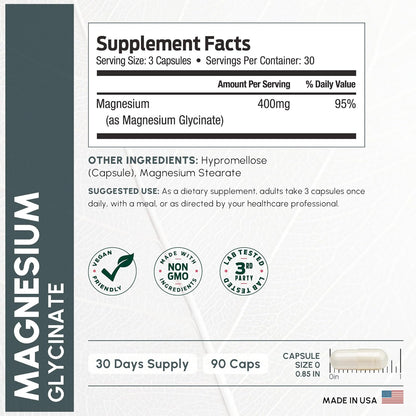 Pure Magnesium Glycinate 400mg Serving - High Absorption Magnesium Glycinate - Mag Bisglycinate for Stress, Bones, Muscles, Nerves, - Maple Wellness Supplements
