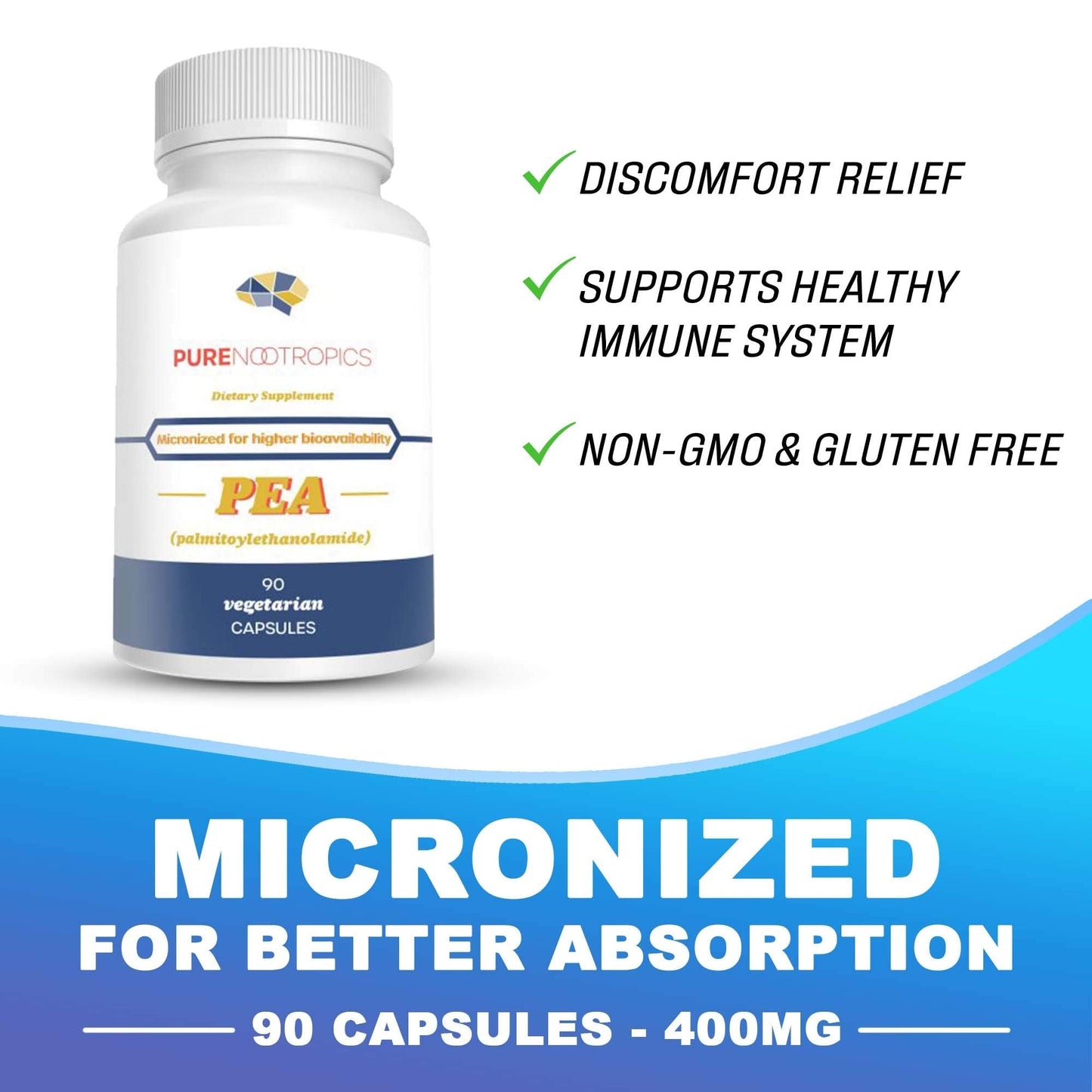 Pure Nootropics - Palmitoylethanolamide (Micronized Pea) 400 mg Capsules | 90 Veg Caps Value Pack | Supports Relief from Occasional Discomfort | Supports Immune System - Maple Wellness Supplements