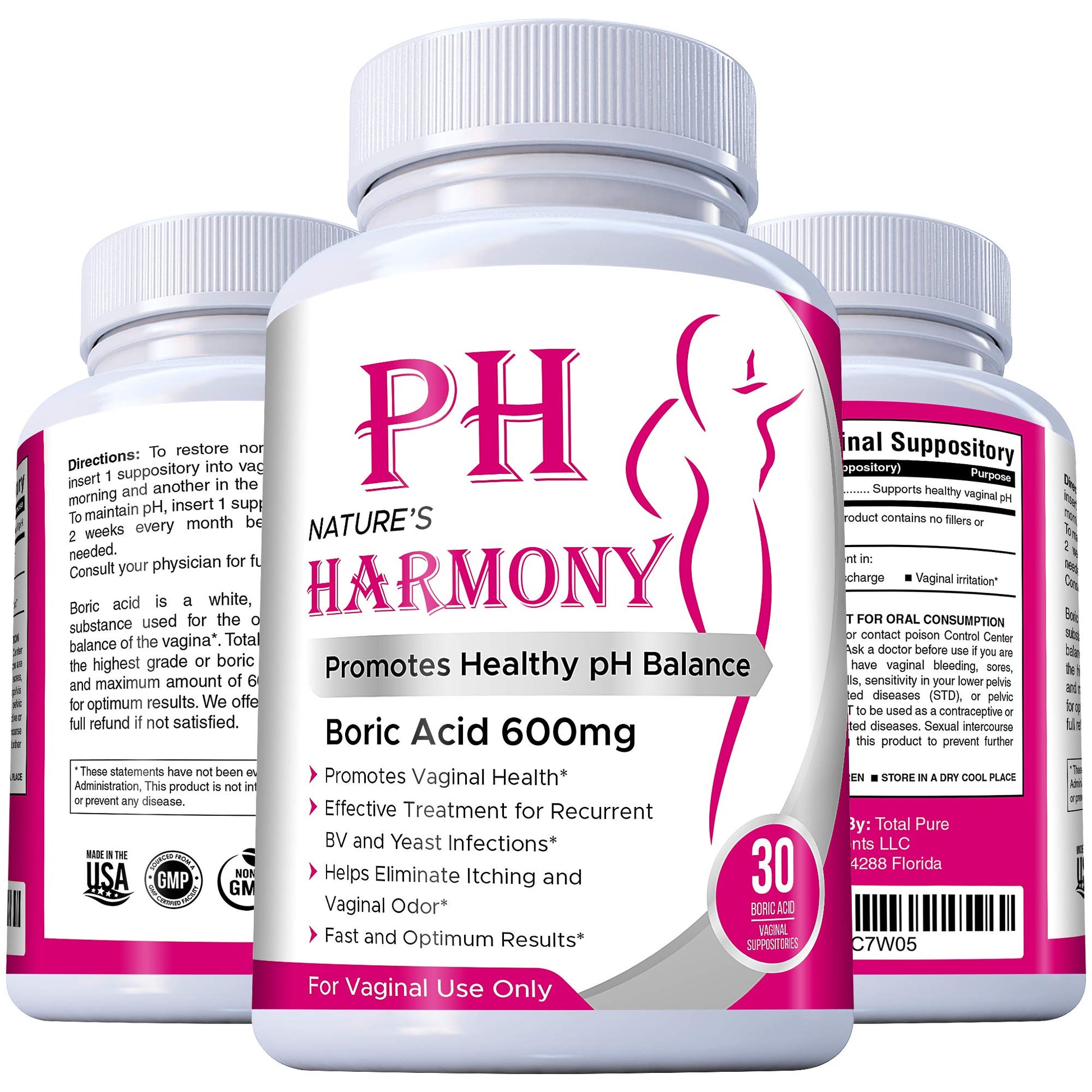 PURE PLANT HOME Boric Acid Suppositories Nature's Harmony 30 Count 600 mg 100% Pure Made in USA - Maple Wellness Supplements