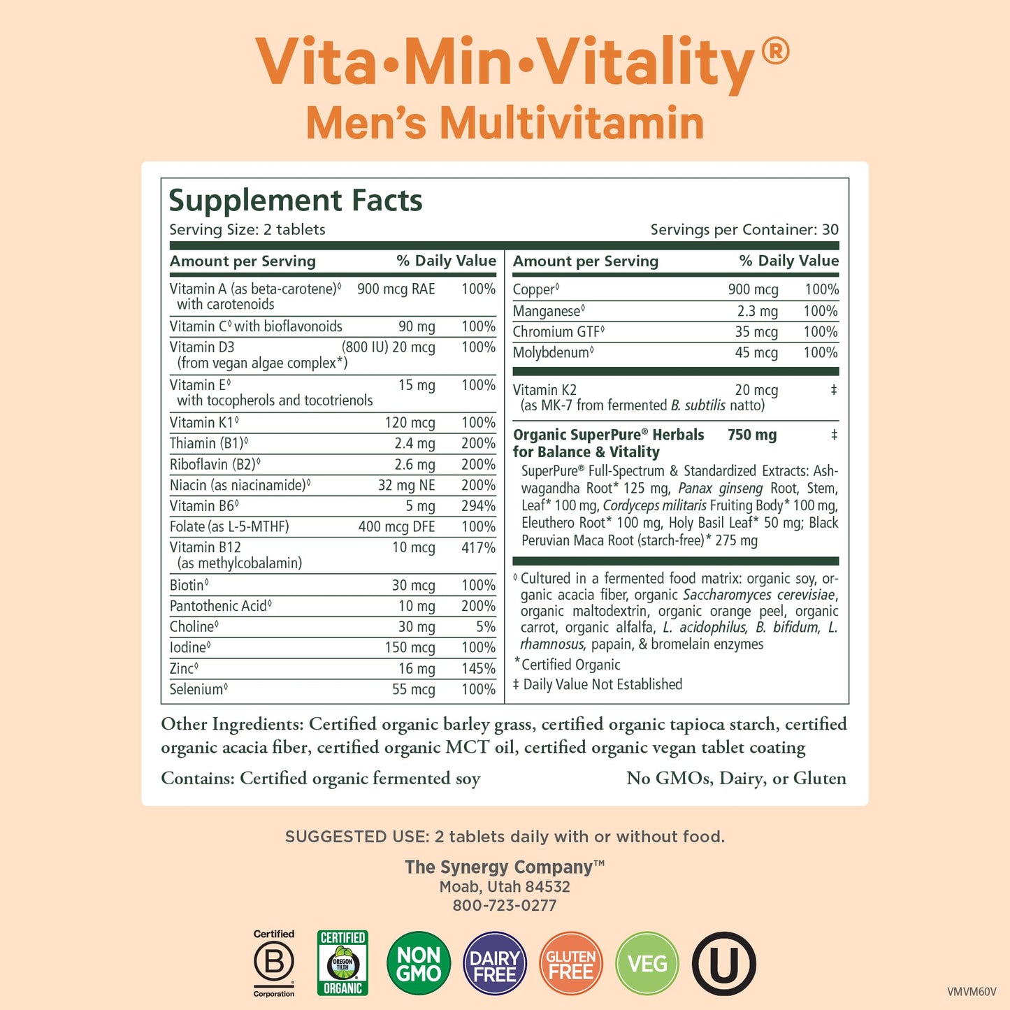 PURE SYNERGY Vita·Min·Vitality | Natural Multivitamin for Men | Men’s Daily Multivitamin Made with Organic Whole Foods | for Energy, Stress, and Immune Support (60 Tablets) - Maple Wellness Supplements