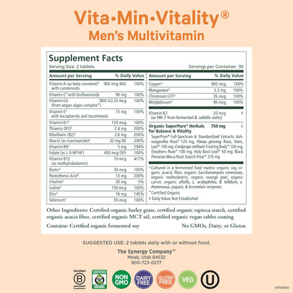 PURE SYNERGY Vita·Min·Vitality | Natural Multivitamin for Men | Men’s Daily Multivitamin Made with Organic Whole Foods | for Energy, Stress, and Immune Support (60 Tablets) - Maple Wellness Supplements