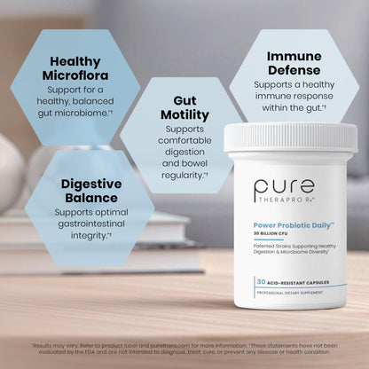Pure Therapro Rx Power Probiotic Daily - 30 Acid-Resistant Capsules | 4 Proven Strains - 30 Billion CFU/Capsule | Patented Activ-Vial Desiccant Bottle - Maple Wellness Supplements
