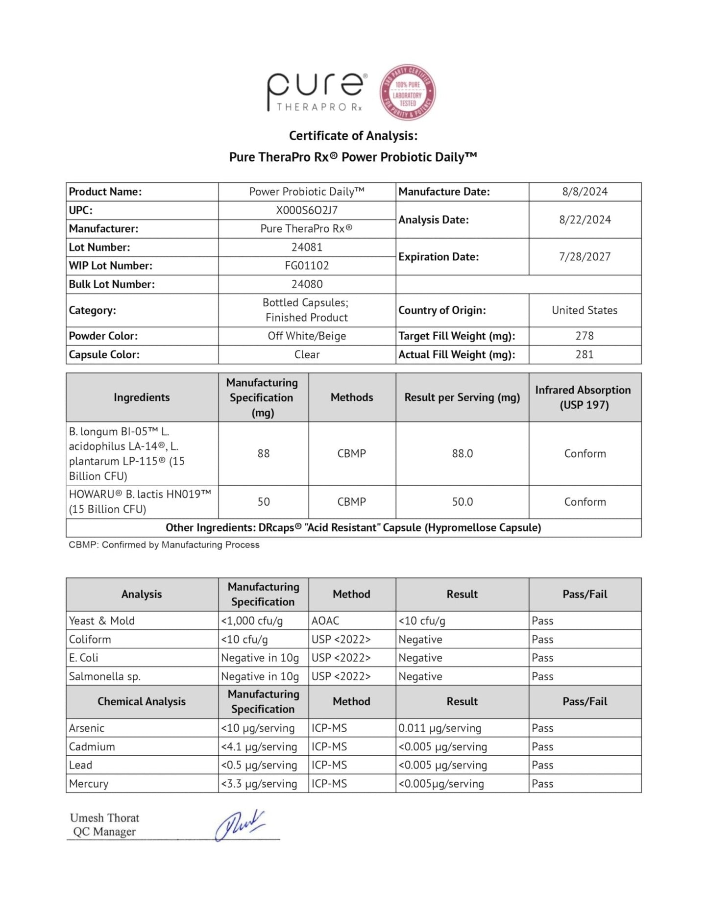 Pure Therapro Rx Power Probiotic Daily - 30 Acid-Resistant Capsules | 4 Proven Strains - 30 Billion CFU/Capsule | Patented Activ-Vial Desiccant Bottle - Maple Wellness Supplements