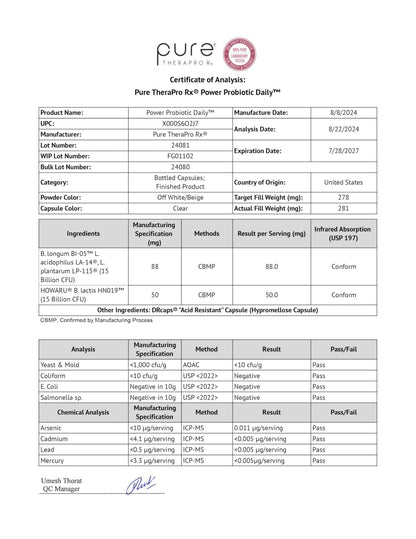 Pure Therapro Rx Power Probiotic Daily - 30 Acid-Resistant Capsules | 4 Proven Strains - 30 Billion CFU/Capsule | Patented Activ-Vial Desiccant Bottle - Maple Wellness Supplements