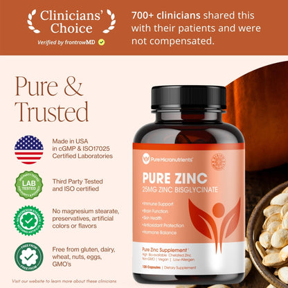 Pure Zinc Supplement 25mg - TRAACS Bisglycinate Chelate - 120 Capsules for Immune Support, Skin Health & Energy - for Men & Women - Maple Wellness Supplements