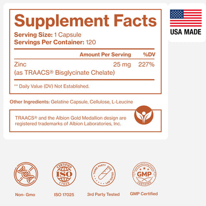 Pure Zinc Supplement 25mg - TRAACS Bisglycinate Chelate - 120 Capsules for Immune Support, Skin Health & Energy - for Men & Women - Maple Wellness Supplements