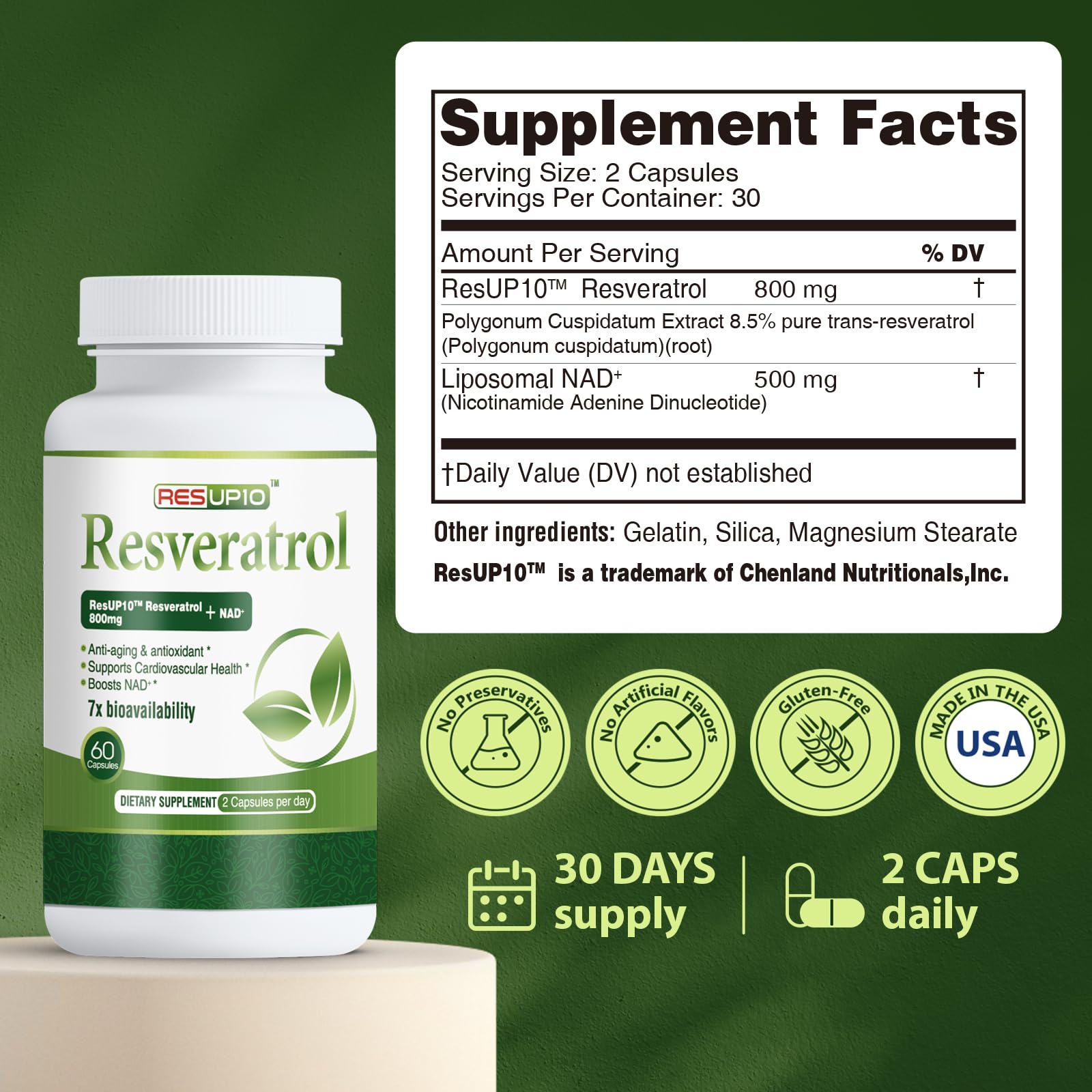 PureBotan Liposomal NAD+ Resveratrol Supplement 1300mg, High Bioavailable Trans Resveratrol ResUP10, with Extra Strength NAD Plus, Support Aging, Cardiovascular Health and Cellular Energy, 60 Capsules - Maple Wellness Supplements