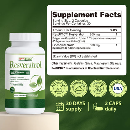 PureBotan Liposomal NAD+ Resveratrol Supplement 1300mg, High Bioavailable Trans Resveratrol ResUP10, with Extra Strength NAD Plus, Support Aging, Cardiovascular Health and Cellular Energy, 60 Capsules - Maple Wellness Supplements