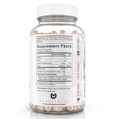 PUREFINITY Collagen Peptides for Women – Type I, II, III, V & X with Biotin & Hyaluronic Acid, Supports Healthy Skin, Bones, Hair & Nails – Non-GMO, Grass-Fed (90 Capsules, 1 Month Supply) - Maple Wellness Supplements