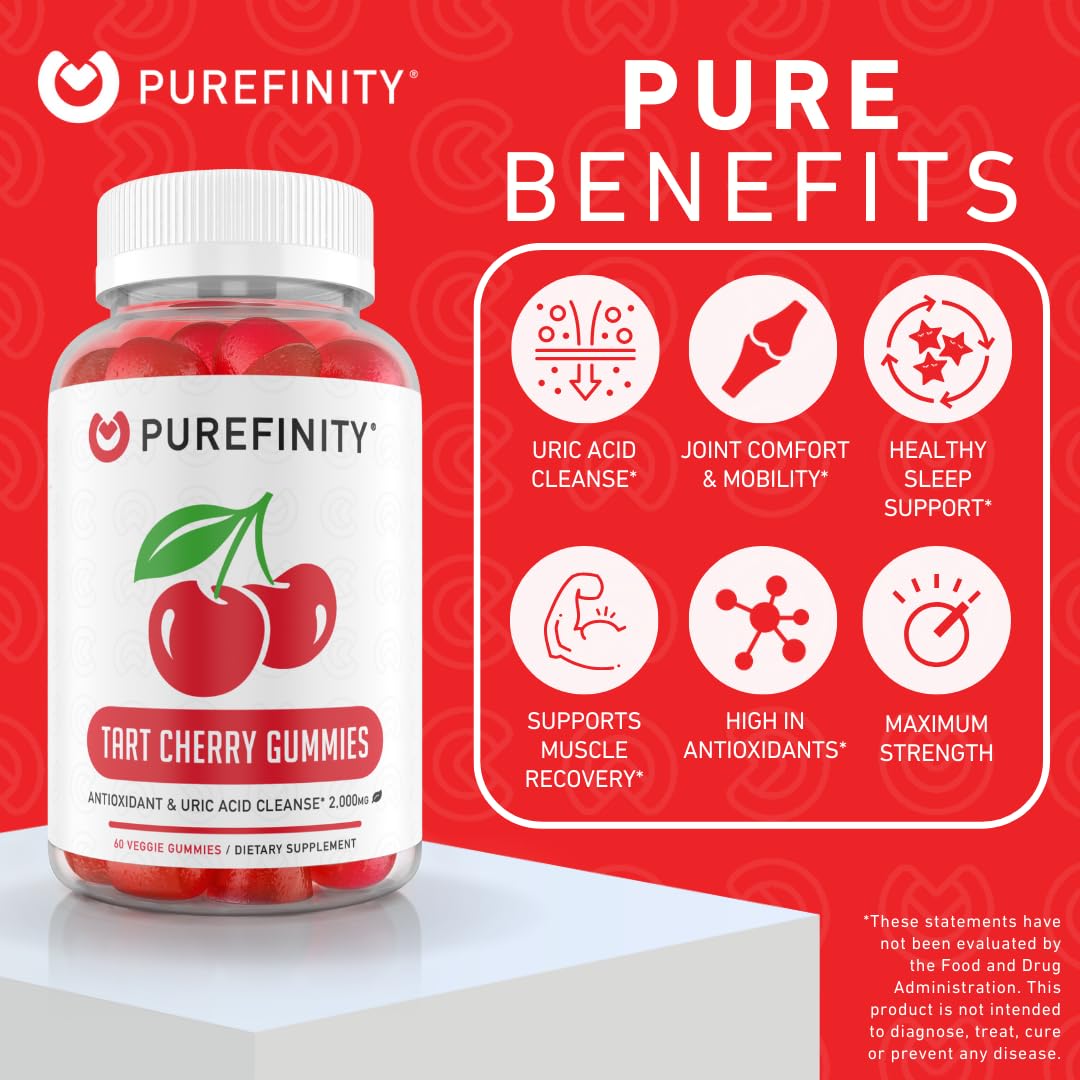 PUREFINITY Tart Cherry Gummies – Uric Acid Flush for Joint Relief & Recovery, Raw Juice Extract Antioxidant – Non-GMO, Gluten Free, Vegan, 60 Count - Maple Wellness Supplements