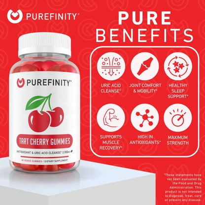 PUREFINITY Tart Cherry Gummies – Uric Acid Flush for Joint Relief & Recovery, Raw Juice Extract Antioxidant – Non-GMO, Gluten Free, Vegan, 60 Count - Maple Wellness Supplements