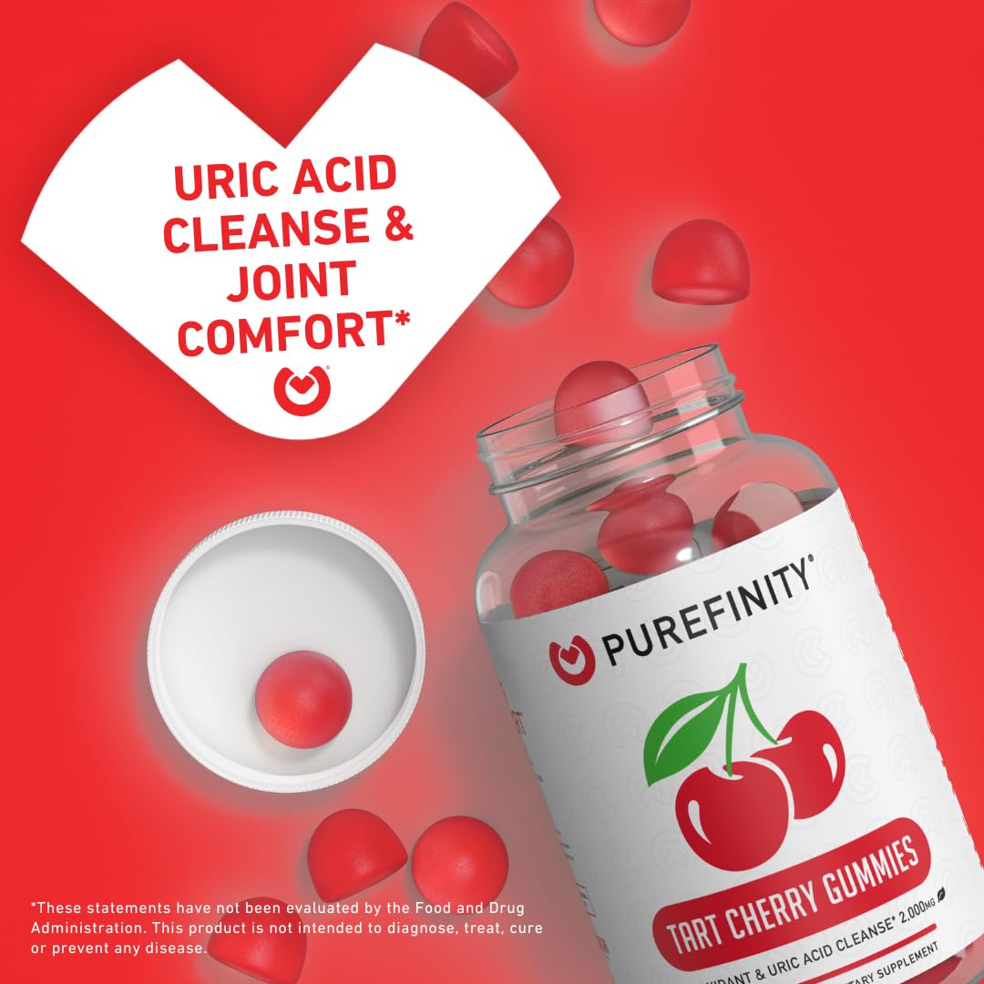 PUREFINITY Tart Cherry Gummies – Uric Acid Flush for Joint Relief & Recovery, Raw Juice Extract Antioxidant – Non-GMO, Gluten Free, Vegan, 60 Count - Maple Wellness Supplements