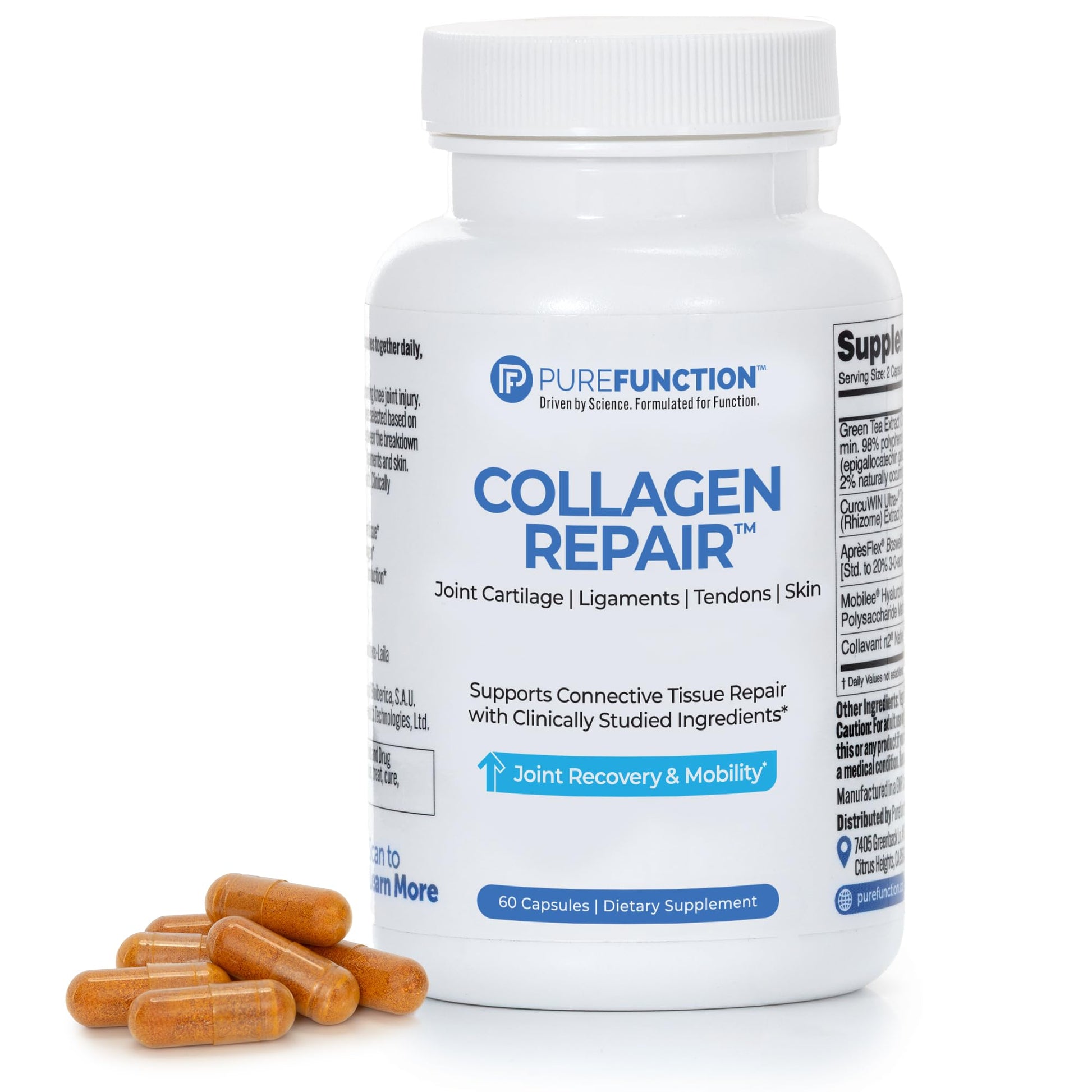 PUREFUNCTION Collagen Repair Joint Support Supplement - Boswellia, Turmeric, Hyaluronic Acid, EGCG, and Undenatured Collagen for Joint Maintenance and Repair - 60 Capsules - Maple Wellness Supplements