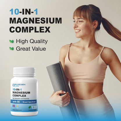 Puregen Labs 10 in 1 Magnesium Complex 500mg with B6-120 Veggie Capsules [High Absorption and Bioactivity] Non-GMO, NO Gluten and Dairy - Maple Wellness Supplements