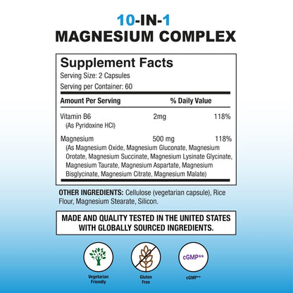 Puregen Labs 10 in 1 Magnesium Complex 500mg with B6-120 Veggie Capsules [High Absorption and Bioactivity] Non-GMO, NO Gluten and Dairy - Maple Wellness Supplements