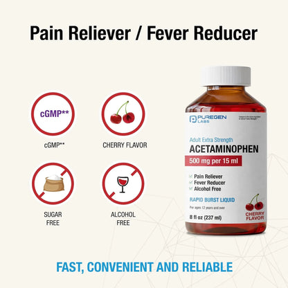 Puregen Labs Adult Extra Strength Acetaminophen Liquid 500mg/15ml - 8 fl oz Rapid Burst Pain Reliever/Fever Reducer, Cherry Flavor | Muscle & Joint Pain Relief | Arthritis Pain Relief - Maple Wellness Supplements