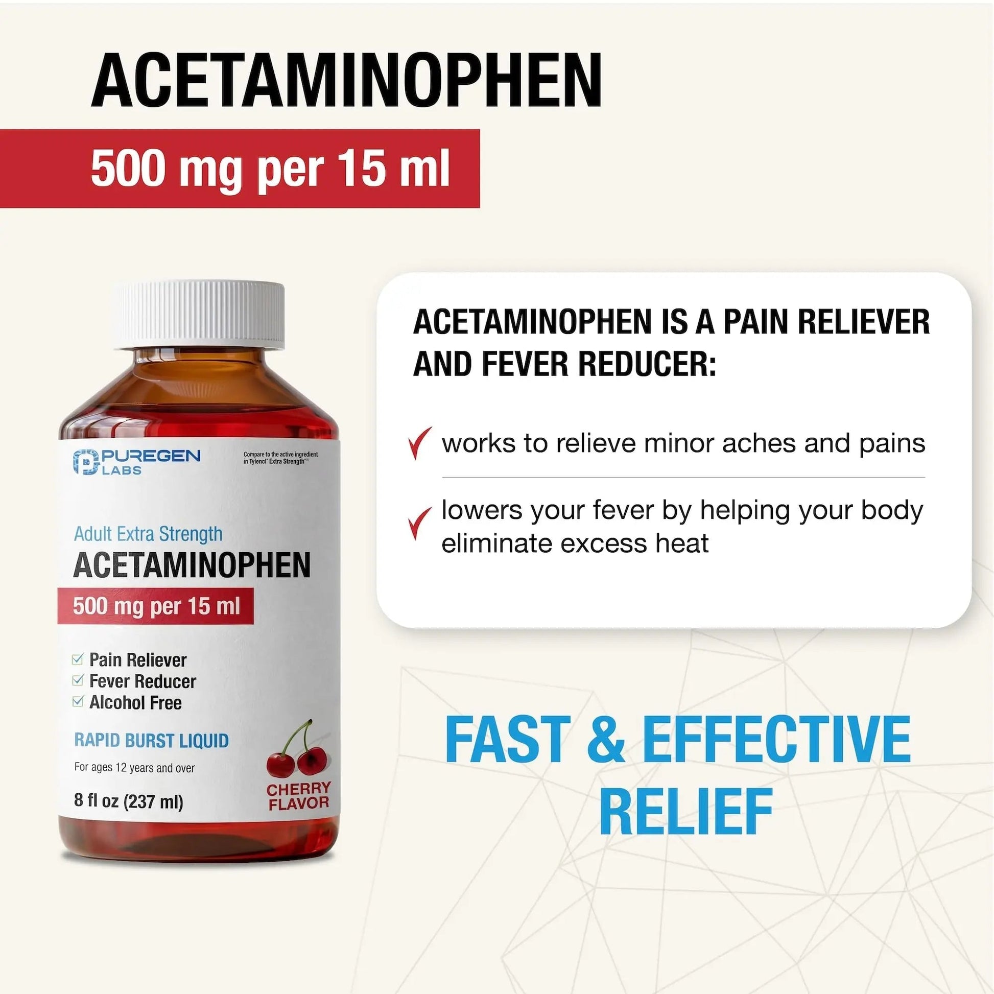 Puregen Labs Adult Extra Strength Acetaminophen Liquid 500mg/15ml - 8 fl oz Rapid Burst Pain Reliever/Fever Reducer, Cherry Flavor | Muscle & Joint Pain Relief | Arthritis Pain Relief - Maple Wellness Supplements