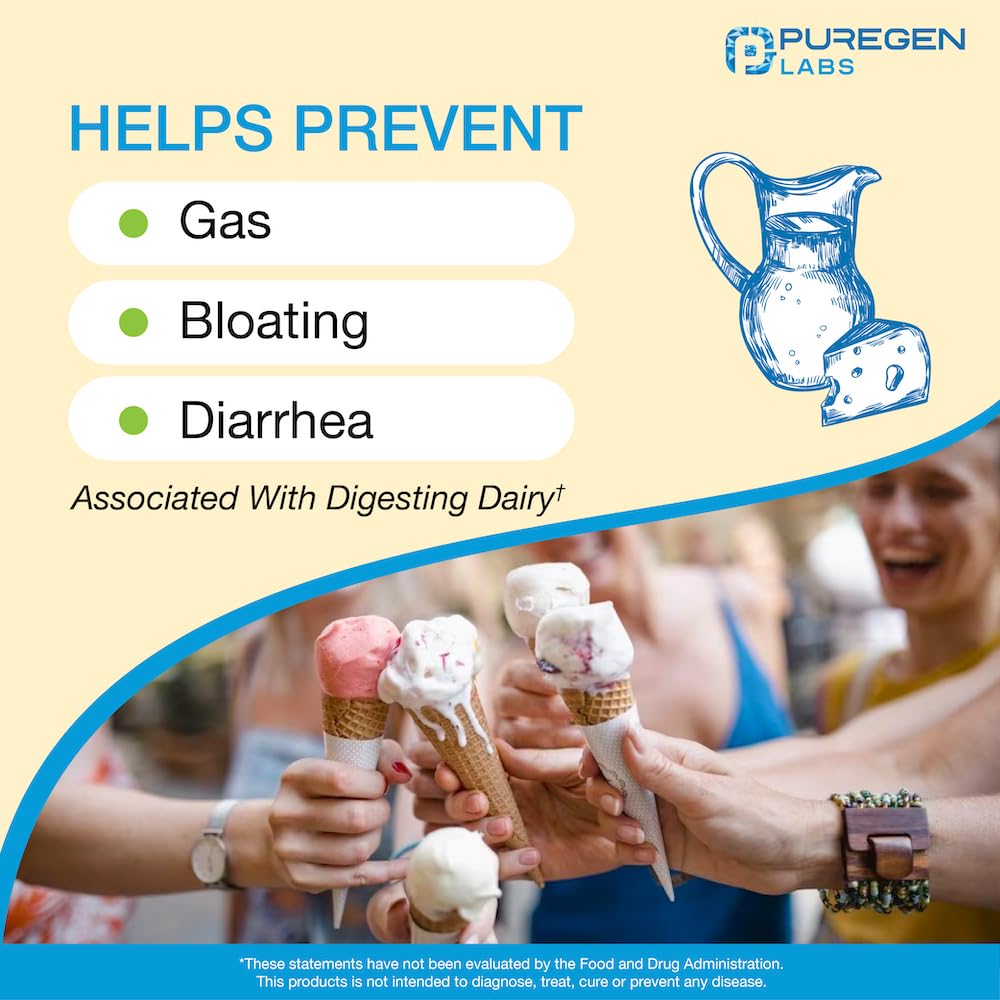 Puregen Labs Dairy Relief Natural Fast Acting Lactase Enzyme 3000 FCC, Lactose Intolerance Pills 90 Caplets - Maple Wellness Supplements