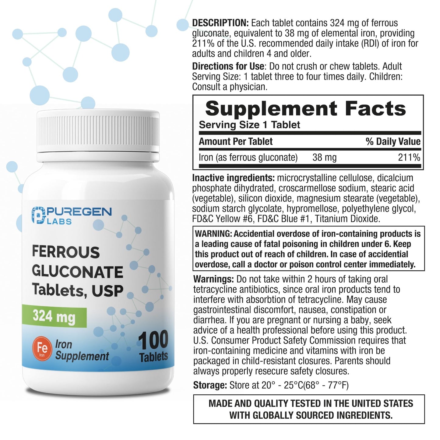 Puregen Labs Ferrous Gluconate 324 mg [High Potency] Iron Supplement, Gentle on Stomach - 100 Tablets - Maple Wellness Supplements