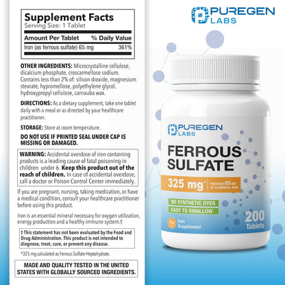 Puregen Labs Ferrous Sulfate 325 mg (65 mg Elemental Iron) High Potency Iron Supplement | No Artificial Color Additives - 200 Tablets - Maple Wellness Supplements