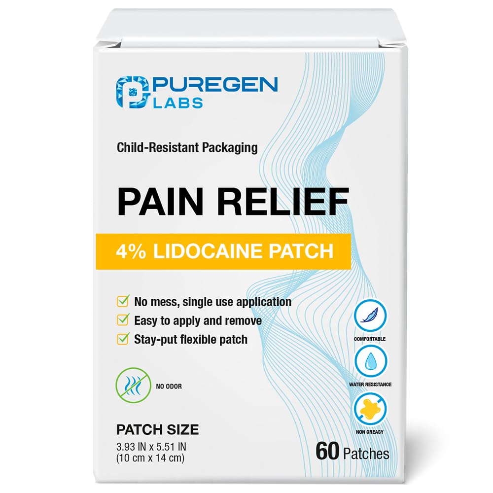 Puregen Labs Lidocaine 4% Numbing Patch - Total 60 Patches Maximum Strength | Fast Acting Temporary Relief of Aches | Back, Neck, Shoulders, Elbows and Knees - Maple Wellness Supplements