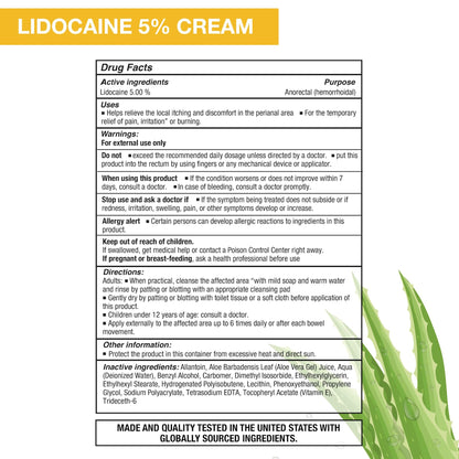 Puregen Labs Lidocaine 5% Anorectal (hemorrhoidal) Cream Maximum Strength | Enriched with Aloe-Vera | 6 Oz - Maple Wellness Supplements
