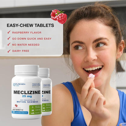 Puregen Labs Meclizine 25 mg Antiemetic 200 chewable Tablets | Motion Sickness Relief - Prevent Nausea, Vomiting, and Dizziness | Dairy Free | Value Pack – 200 chewable Tablets - Maple Wellness Supplements