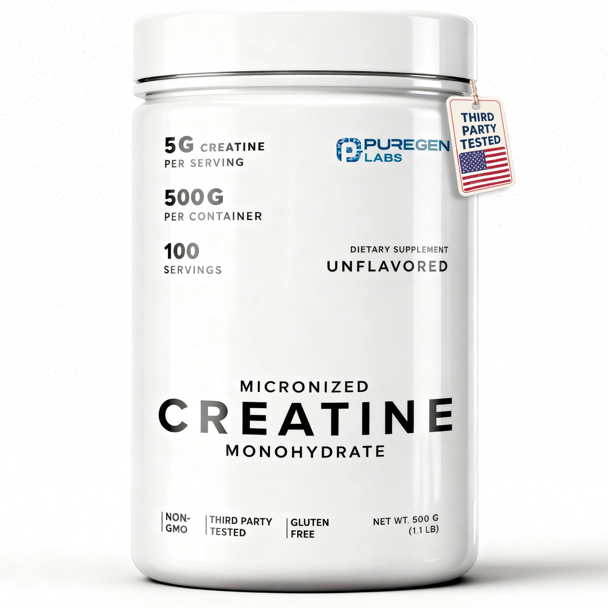Puregen Labs Micronized Creatine Monohydrate Powder 500g – Pure, Unflavored, No Additives | 5000mg Per Serv (5g) - 100 Servings | Third Party Tested for Quality - Maple Wellness Supplements