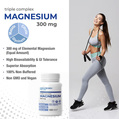 Puregen Labs Triple Magnesium Complex 300mg of Magnesium Glycinate, Malate, & Citrate - Maple Wellness Supplements