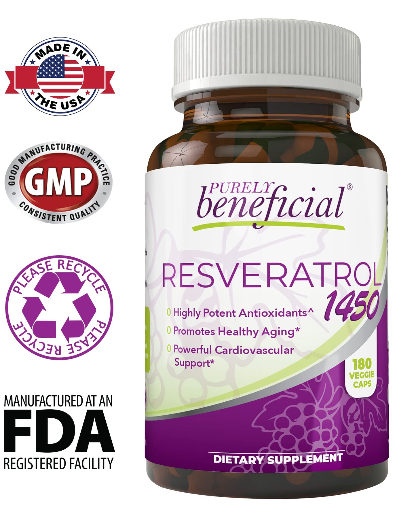 PURELY beneficial RESVERATROL1450-90day Supply, 1450mg per Serving of Potent Antioxidants & Trans-Resveratrol, Promotes Anti-Aging - Maple Wellness Supplements