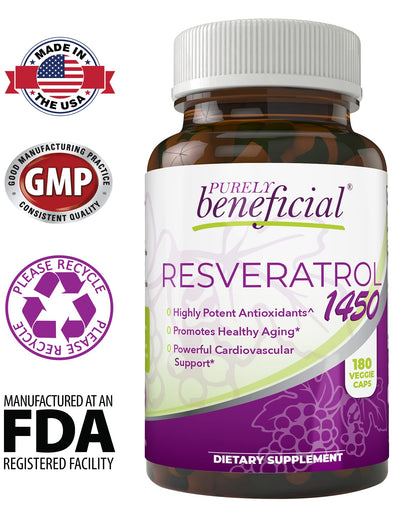 PURELY beneficial RESVERATROL1450-90day Supply, 1450mg per Serving of Potent Antioxidants & Trans-Resveratrol, Promotes Anti-Aging - Maple Wellness Supplements