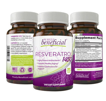 PURELY beneficial RESVERATROL1450-90day Supply, 1450mg per Serving of Potent Antioxidants & Trans-Resveratrol, Promotes Anti-Aging - Maple Wellness Supplements