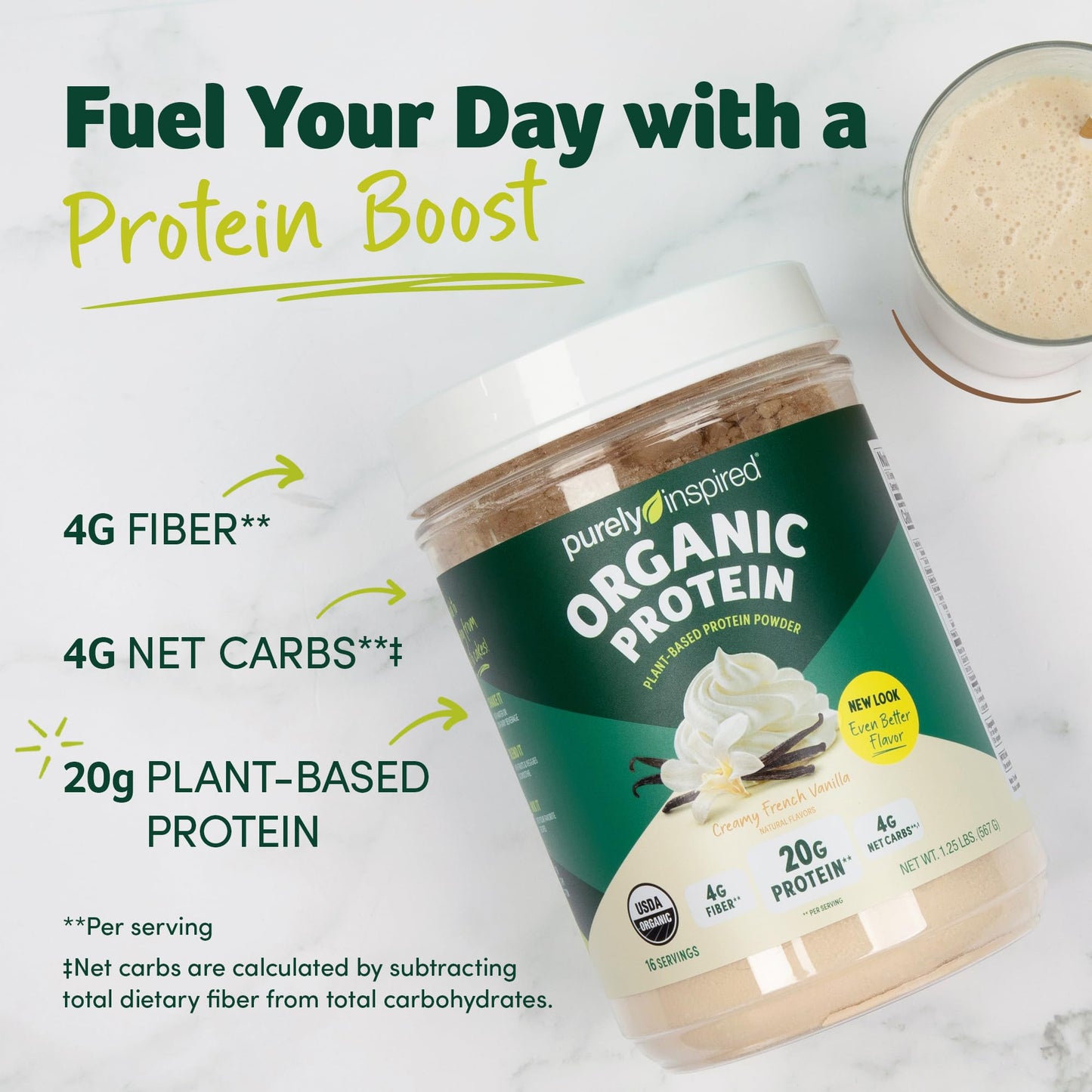 Purely Inspired Plant-Based Protein Powder for Men & Women, Creamy French Vanilla (16 Servings) - Vegan & Organic - 20g of Pea Protein Powder for Smoothies & Shakes - Dairy-Free, & Gluten-Free - Maple Wellness Supplements