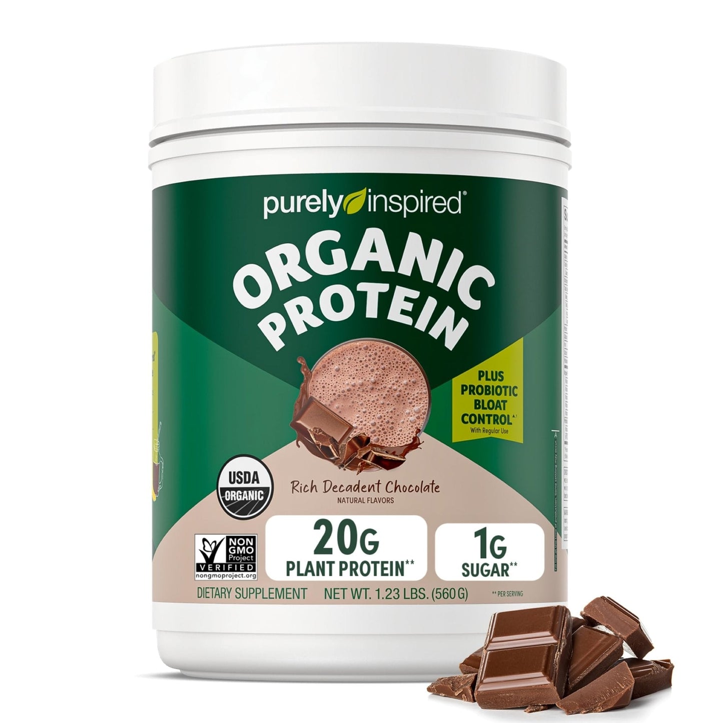 Purely Inspired Plant-Based Protein Powder for Men & Women, Rich Decadent Chocolate (16 Servings) - Vegan & Organic - 20g of Pea Protein Powder for Smoothies & Shakes - Maple Wellness Supplements