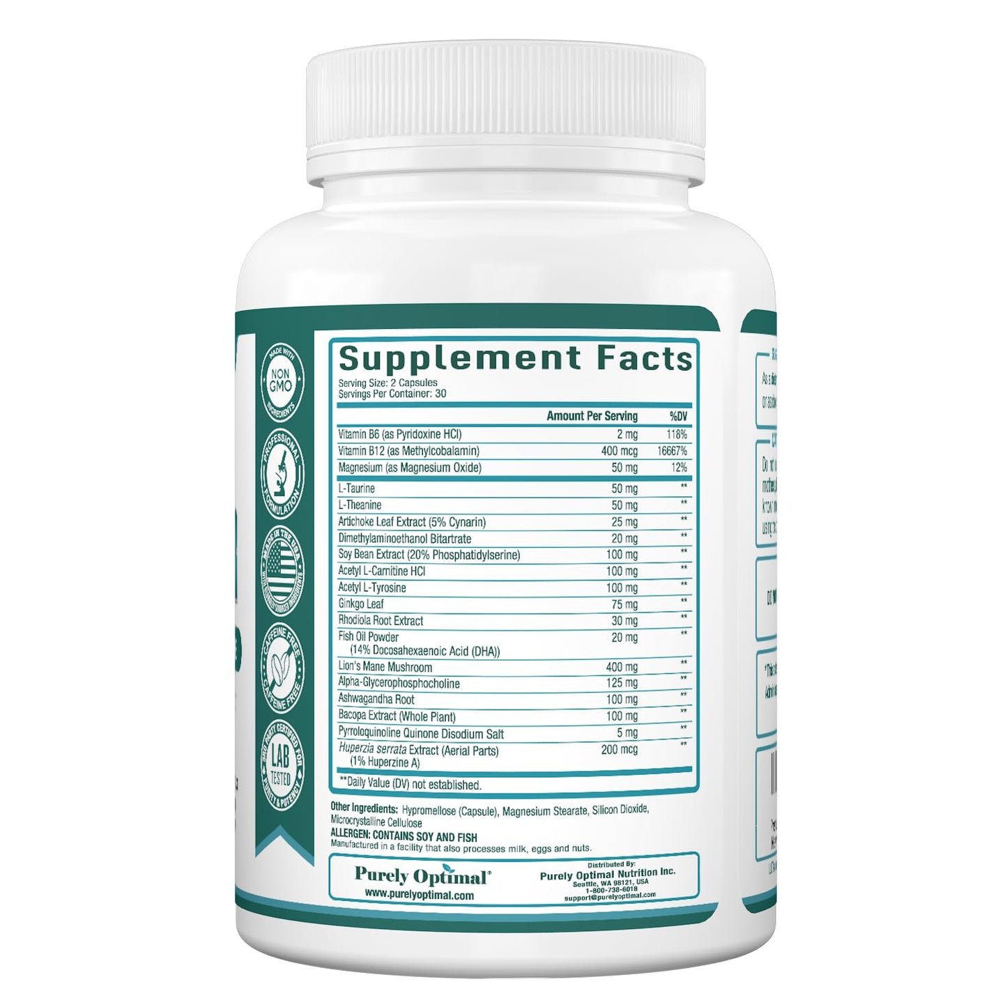 Purely Optimal Brain Booster Nootropic Supplement – Brain Support for Memory, Focus, Clarity, Jitter-Free Energy for Adults, Seniors– with Ginkgo Biloba, Alpha GPC, Lion’s Mane – 60 Capsules - Maple Wellness Supplements